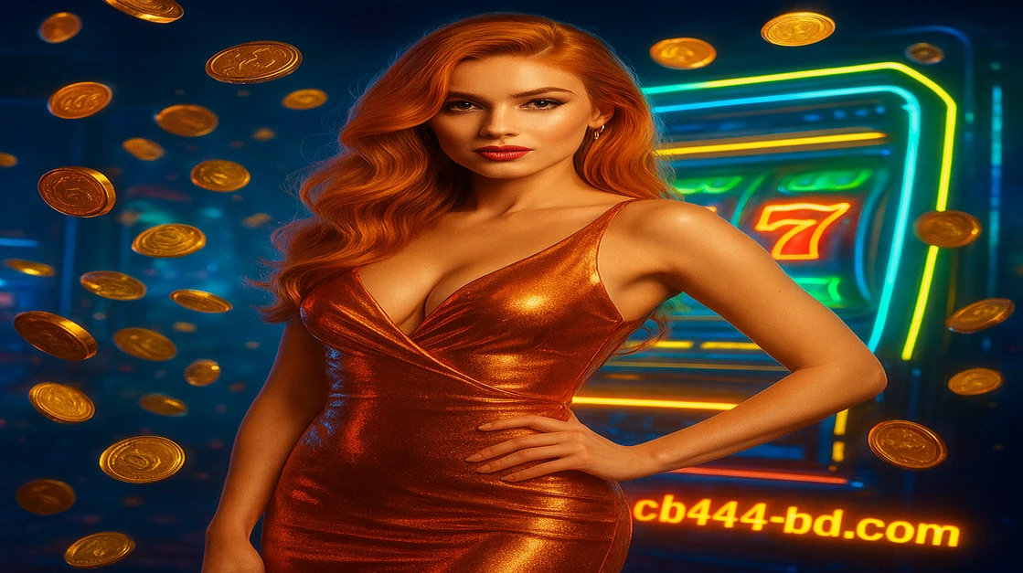 cb444 গেমিং প্ল্যাটফর্ম-সংলগ্ন একটি দৃশ্য: কমলা বানি স্যুট পরা লাল চুলের নারী, উড়ন্ত চিপে ঘিরে, কাছে একটি আর্কেড গেম; বোনাস ও ৭৭৭ নম্বর স্পষ্টভাবে দেখা যায়।