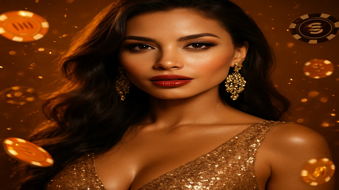 cb444-র গেমিং প্ল্যাটফর্ম-ভিত্তিক ভাসমান টোকেন ও জ্বলন্ত আলোয় ঘেরা এক মোহময়ী নারী, সোনালি পোশাক ও গহনা পরা।