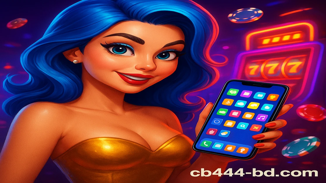 cb444–এর প্ল্যাটফর্মে কার্টুন-স্টাইলের এক নারী, নীল চুল, সোনালি টপ পরা, ফোনটি ধরেছেন; স্ক্রিনে একটি ডিজিটাল গেম চলছে, চারপাশে বিভিন্ন রঙের খেলার চিপ ও লগইন স্ক্রিন দেখা যাচ্ছে।