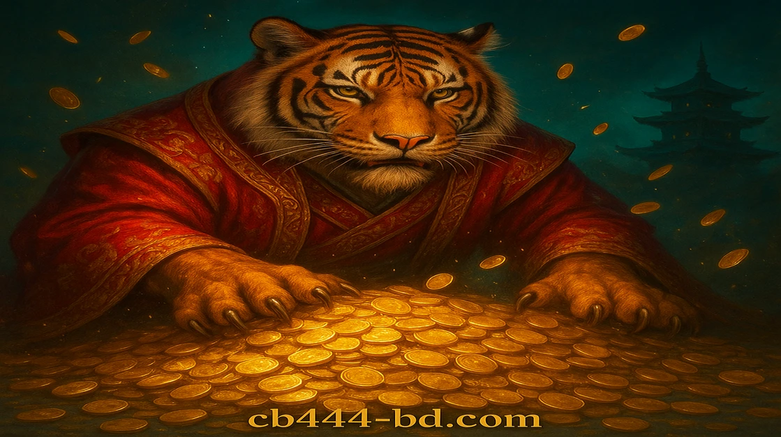 cb444 এর স্টাইলাইজড বাঘ, লাল পোশাক পরিহিত, সোনা মুদ্রা ধরছে; পটভূমিতে এশীয় মন্দির এবং চারপাশে স্বর্ণালি আলো ছড়িয়ে রয়েছে।